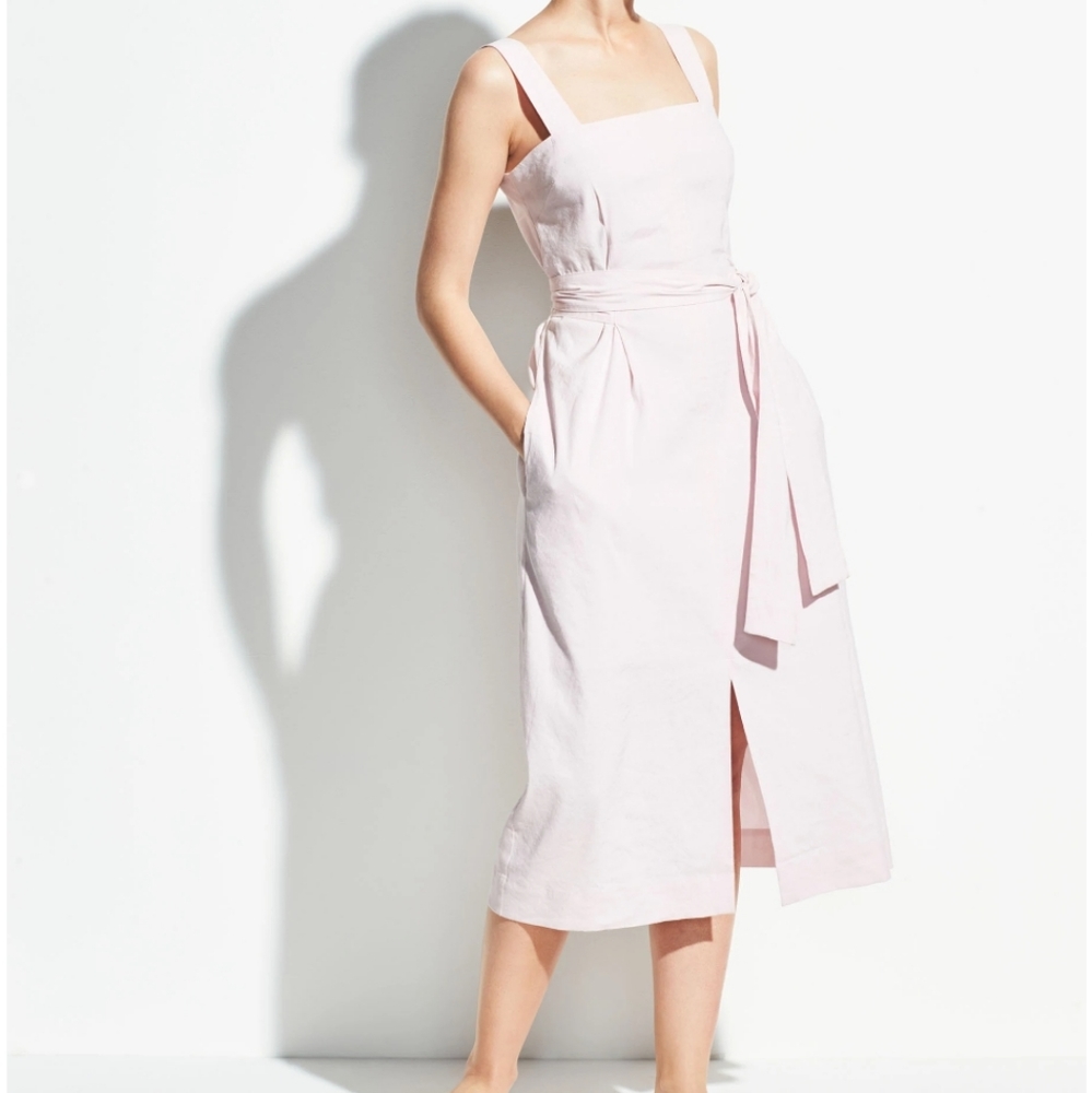 Vince Belted Linen-blend Midi Dress in Pink